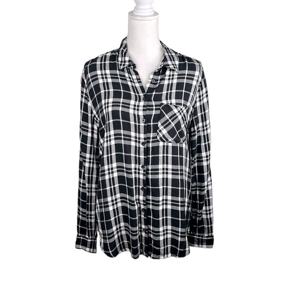 Garage Black & White Plaid 90s Grunge Long Sleeve Button Down Top Size Small - Picture 1 of 7